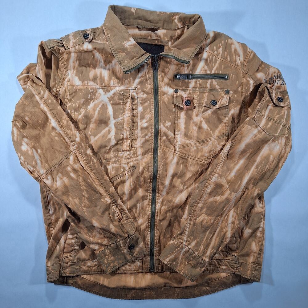 Mark Ecko Cut & Sew Men's Large Bomber Jacket Brown Distressed Camo Full Zip
